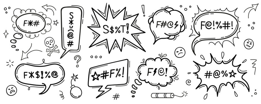 Comic swear speech bubbles and hate talk curse with expletive words, cartoon vector icons. Comic swear speech bubbles or censored message clouds with angry bad words and explicit text symbols of hate