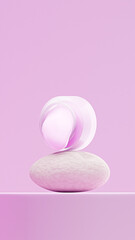 Transparent cream jar filled with lavender rose cream melting out, placed on a round stone. Cosmetic cream product over lavender rose background