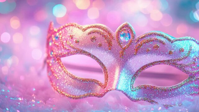 Video A close-up shot of a colorful carnival mask against a bright pink background, ideal for festival or party themes
