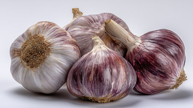 A close up shot of several bulbs of garlic with purple hues against a white background