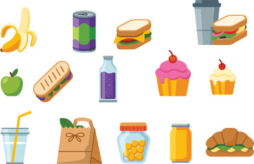 Lunch snacks sandwiches drinks fruits desserts croissant cupcakes juice soda apple banana food items vector set meal elements takeaway illustration
