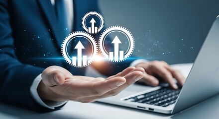 Man displays upward pointing gear icons with laptop in focus, representing growth and innovation