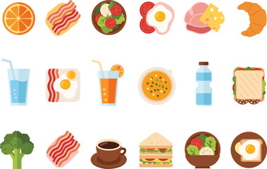 Breakfast food icons orange bacon salad eggs ham cheese croissant drinks soup water sandwich broccoli coffee toast bowl healthy meal illustration