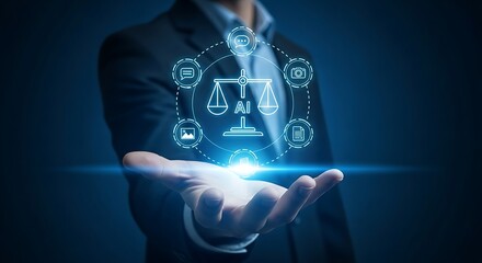 Caucasian professional presents AI balance scale surrounded by digital icons on his open palm