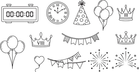 Celebration Elements and Party Decorations in Black and White Line Art Style Perfect for Greeting Cards and Design Projects