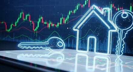 Neon home outline and two keys shine above stock chart display screen