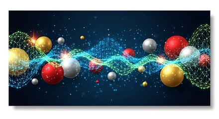 Connecting colorful spheres through digital network, glowing blue energy, and scattered particles creates dynamic interplay