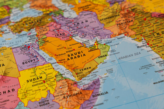 Warsaw, Poland - Dec 5, 2025: Detailed map showing Middle Eastern countries, including Saudi Arabia, Iraq, and Egypt, highlighting geographic locations and borders.