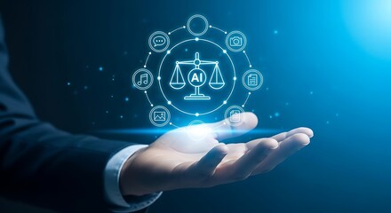 Holding AI justice scales, a hand supports digital icons in a virtual blue space