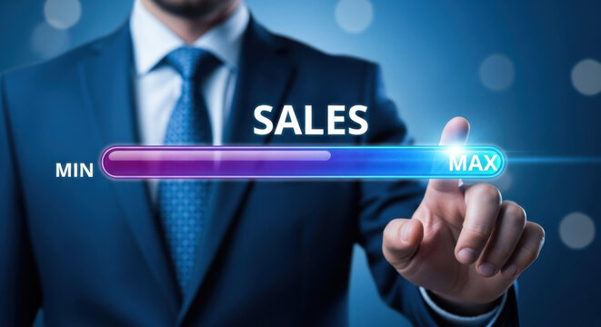 Close-up of a businessman in a blue suit adjusting a sales meter, representing financial growth and success against a blurred blue background. The image conveys business performance and strategy.