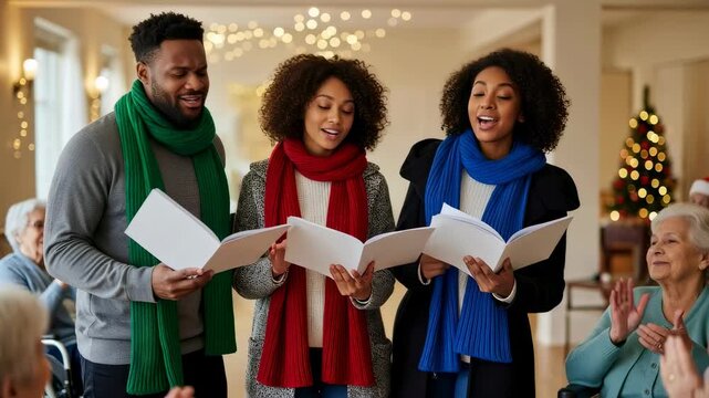 Three african american singers performing christmas carols for happy senior woman at festive holiday event.
