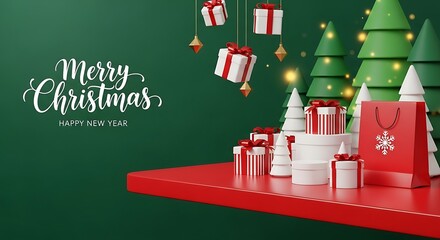 Festive displays Christmas text near present boxes and decorative fir trees on green
