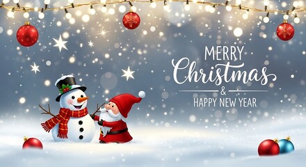 Santa Claus smiles while building a snowman on a festive snowy background with decorations