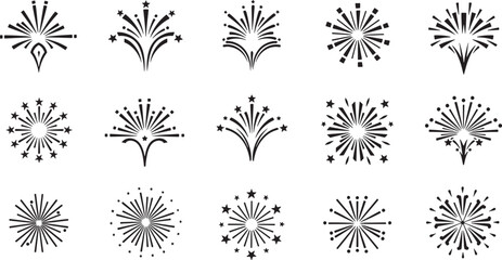 Collection of Black Fireworks Vector Designs on a White Background Celebrating Events and Festivities Beautiful Minimalist Aesthetic