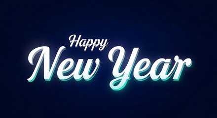 Luminous white Happy New Year lettering shines brightly against the deep navy backdrop