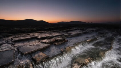 Fototapeta premium Cascading Water Over Rocks at Sunset - A Serene Landscape.