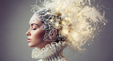 Elegant woman is wearing a lace headpiece with lights and feathers in profile