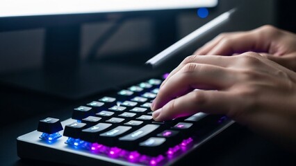 Focused hands expertly typing on a sleek, backlit mechanical keyboard, highlighting the intricate dance of fingers across illuminated keys in a dynamic digital workspace