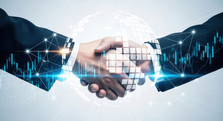 A close-up shot showcases two hands shaking, overlaid with blue light effects and a digital global network, symbolizing a successful business deal and collaboration.