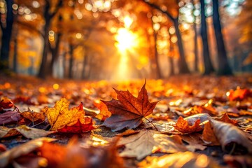 Golden sunlight streams through autumn leaves on forest floor