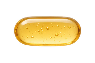Softgel capsule with transparent gelatin shell and yellow liquid oil inside, showing air bubbles, promoting healthy living