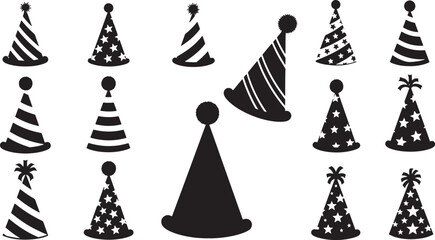 Collection of Festive Party Hats in Black and White for Celebrations and Events Backgrounds