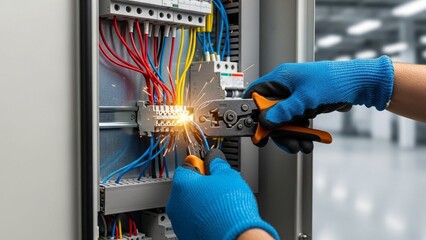 Electrician carefully connecting wires with pliers inside an electrical panel sparks flying