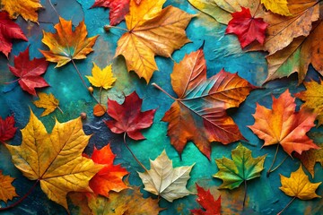 Vibrant autumn leaves on textured teal background, seasonal display