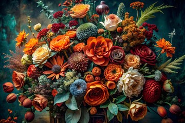 Opulent autumnal floral arrangement with diverse blossoms