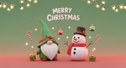 Festive gnome and happy snowman celebrate Merry Christmas with ornaments and gifts cheerfully