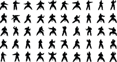 Naklejka premium Large collection of black silhouettes depicting karate fighter poses, martial arts man in kimono with belt, vector illustration isolated on white background.
