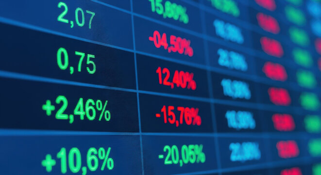 A close up view of a blue screen showing stock market data with figures in red and green indicating gains and losses. Economic and financial concepts. - Powered by Adobe