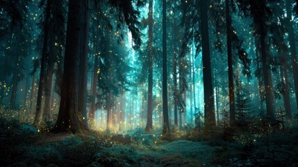 Obraz premium A mystical forest with tall trees, glowing fireflies, and a path leading through the undergrowth. The scene is bathed in a soft, ethereal light, creating a sense of wonder and tranquility.