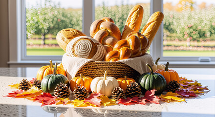 A bountiful autumn harvest display with a basket of assorted breads, pumpkins, and colorful fall leaves