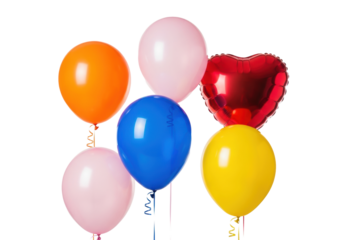 Five vibrant helium balloons, varied colors (matte orange, glossy blue, metallic red), floating in a high-key studio setting with transparent background and clear copy space below. Joyous birthday
