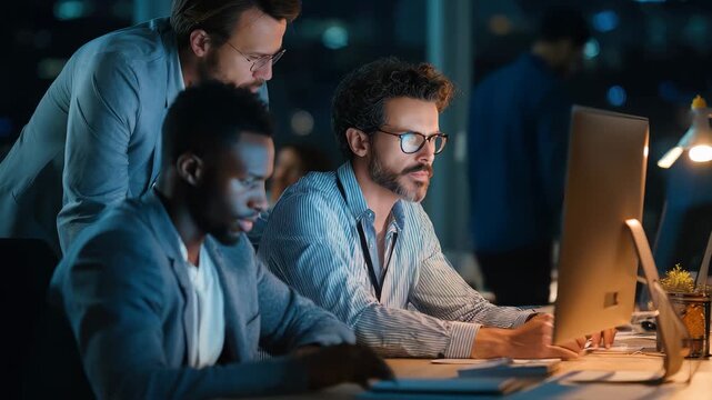 Training business interns in a modern office setting at night while learning computer skills and collaborating on projects