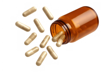 Bottle of natural health capsules spilling, promoting wellness, medical care, and pharmaceutical treatment on transparent background