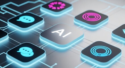 Illuminated AI node connects with pink and blue icon nodes, showing network connectivity