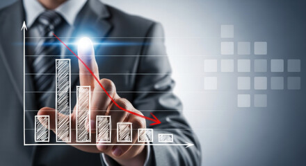 Declining bar graph displayed with red arrow and white highlights, pointed by a man's hand in a gray suit, showing economic and financial business downturn.