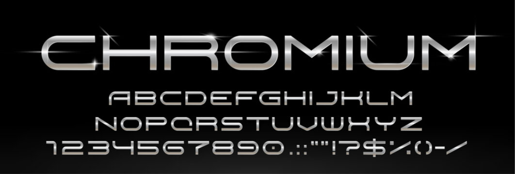 Silver metal font, 3d futuristic typeface, digital tech type, future bold alphabet letters and numbers set. Vector typography chrome steel, iron or silver english alphabet font with metal shine effect