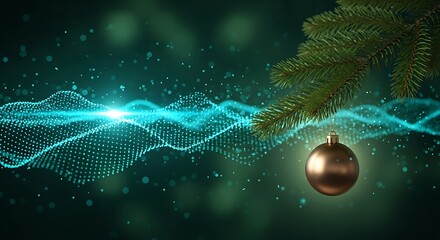 Golden ornament dangles from pine branch, reflecting soft, glowing turquoise light in dark scene