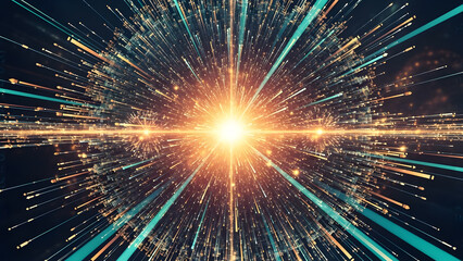 Abstract digital explosion with radial light rays and particles representing big bang or high speed technology data