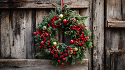 A festive Christmas wreath with red berries, pine cones, and gold ornaments hanging on a rustic wooden door.