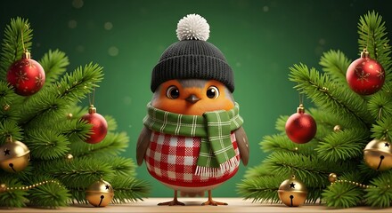 Cute festive robin stands wearing a warm hat and scarf amongst decorated Christmas trees
