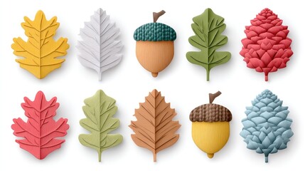 A set of colorful autumn leaves and acorns, arranged in a grid pattern, with a white background and a subtle shadow effect.