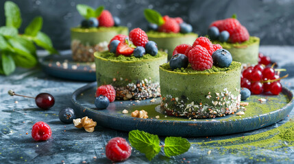 Raw matcha powder cakes with fresh berries