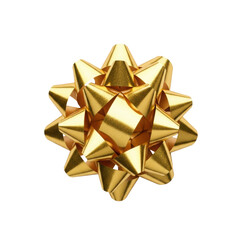 A single, perfectly formed star-shaped gift bow made of rich polished gold metallic ribbon, flat lay on a transparent background with soft shadow and ample copy space, high-end product