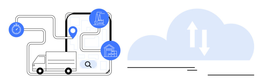 Delivery truck navigating mapped route with location pin and icons, cloud storing data. Ideal for logistics, supply chain, route optimization, delivery management, cloud technology, efficiency