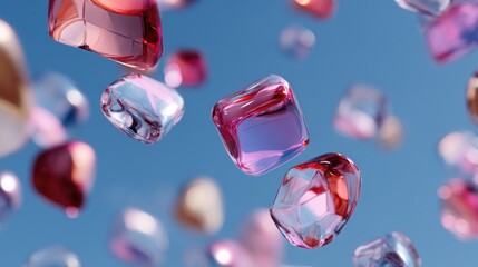 A vibrant, abstract composition featuring a mix of pink and blue glass cubes floating against a clear blue sky backdrop.