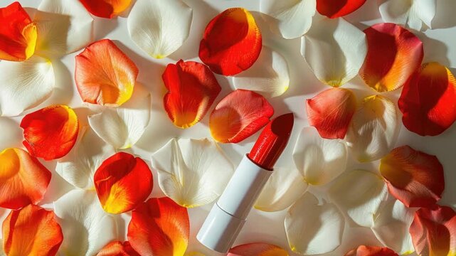 Video A red lipstick sitting on a bed of rose petals, perfect for romantic and intimate occasions